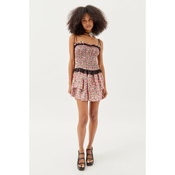 For Love & Lemons Juanita Multi Smocked Floral Sleeveless Mini Fit Flare Dress S - Picture 1 of 9